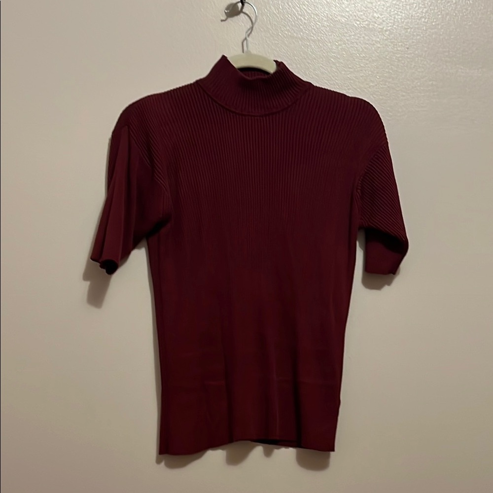 100% Silk Jones New York Ribbed Mock Neck Sweater Top Burgundy Wine Size Large